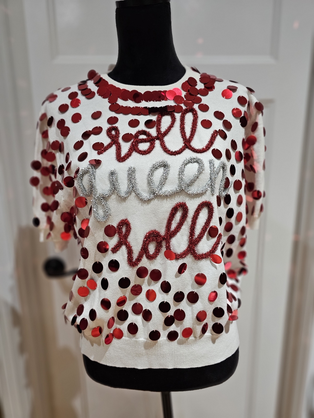 QUEEN OF SPARKLES White Short Sleeve Sequin 'Roll Queen Roll' Sweater, NWT